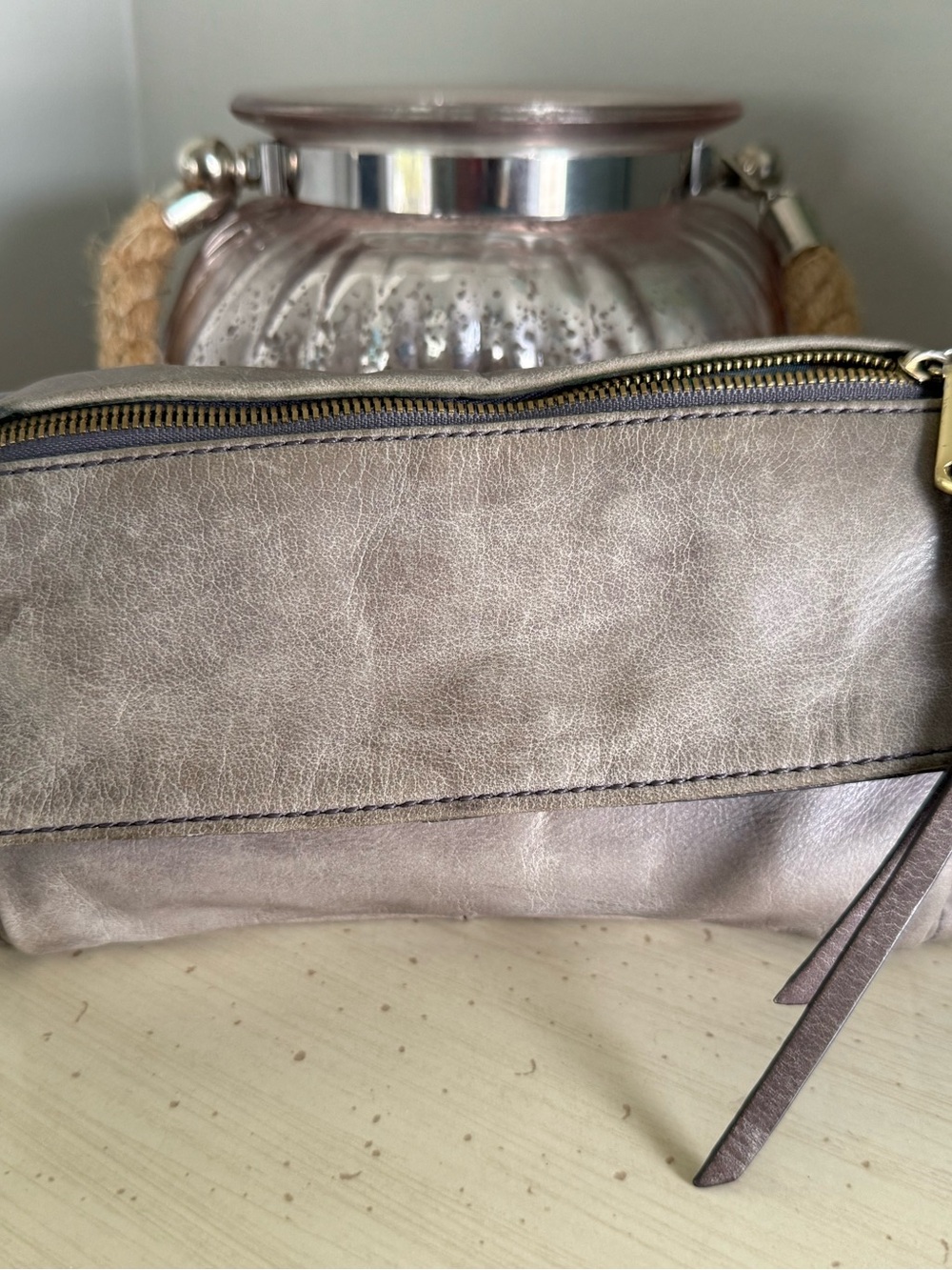 HOBO Taupe Gray Leather Foldover Crossbody Clutch Bag